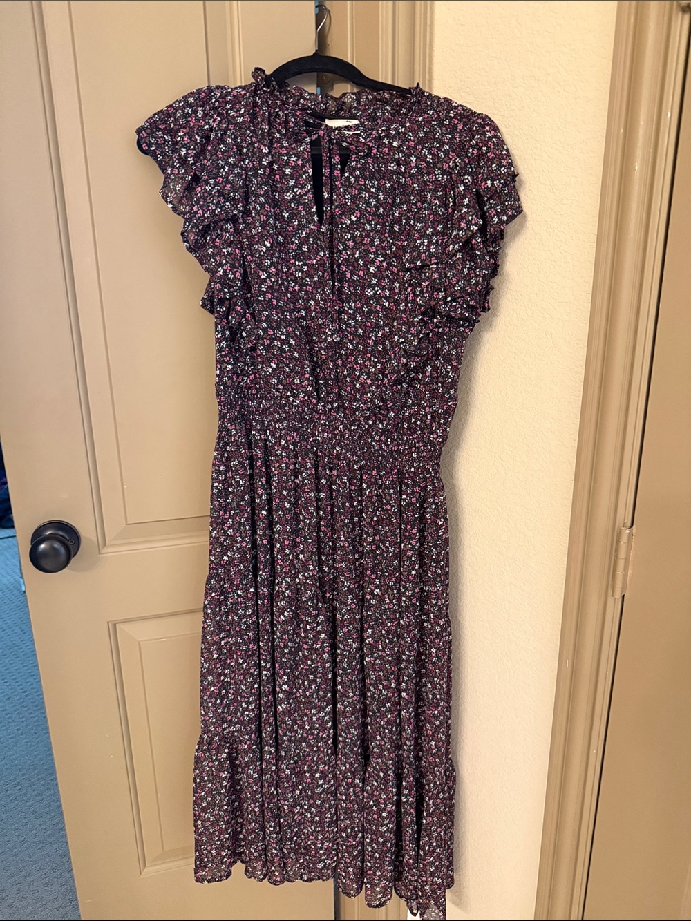 entro Floral Midi Dress in Black with Pink & White Accents